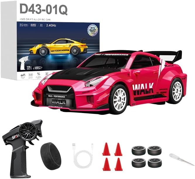 1/43 Scale RC Drift Car, 2.4G Full Proportional 4WD Remote Control Car with Gyro, Adjustable Speed & LED Lights, Alloy RC Vehicle for Adult Hobbyist