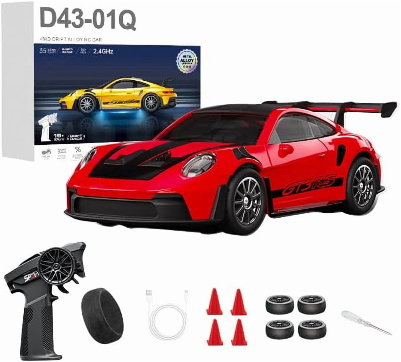 1/43 Scale RC Drift Car, 2.4G Full Proportional 4WD Remote Control Car with Gyro, Adjustable Speed & LED Lights, Alloy RC Vehicle for Adult Hobbyist