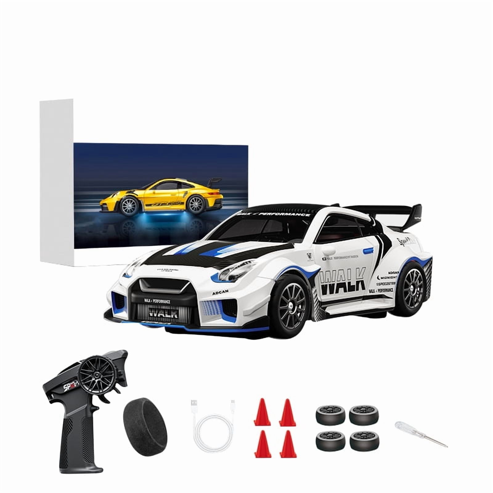 1:43 Scale RC Drift Car D43-02 2.4GHz Full Proportional 4WD Alloy Racing Car with Gyro, 20KM/H High Speed Adjustable Speed with Silent Bearings & LED Lighting
