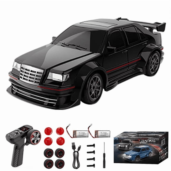 1:43 Scale RC Drift Car with Gyroscope, 2.4G High-Speed Full-Scale Remote Control Car, 4WD Mini Racing Vehicle with LED Lights for Adults and Hobbyists, KF30 - Black/2 Batteries