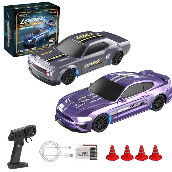 1/43 Scale RC Drift Car with LED Lights, 2.4G Electric Mini Racing Car, 15 KM/H 4WD High Speed Remote Control Cars RTR Vehicle for Adult,2 Set