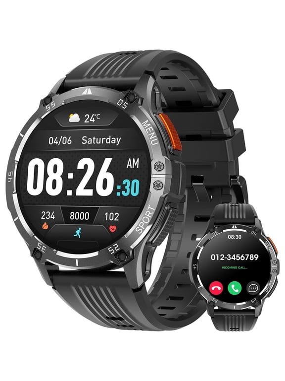 Men's military Smartwatch fits for Android and iPhone Devices with Fitness Tracking,1.43-inch Answer/Dial/100 Sport Modes, IP67 Pedometer Fitness Watch (Black)