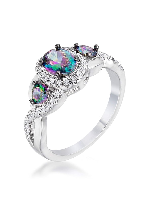 1.43Ct Rhodium & Hematite Plated Mystic & Clear CZ Three Stone Twisted Shank Ring