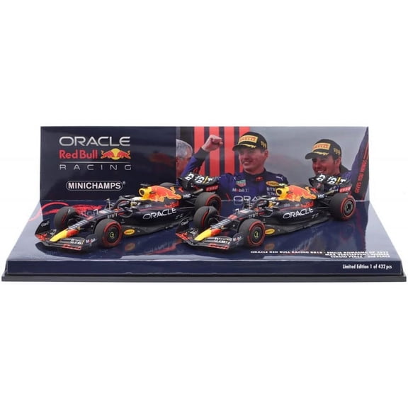 Red Bull Racing RB18 Max Verstappen (2 Car Set Emilia Romagna GP 2022) 1:43 scale diecast model grand prix car in Blue by Minichamps