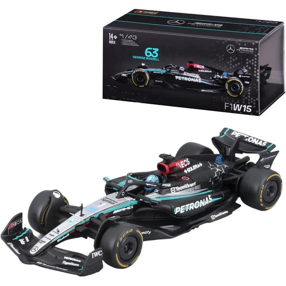 Bburago 2024 Formula Race Mercedes W15 Diecast Vehicle with Helmet, 1:43 Scale, Russell #63