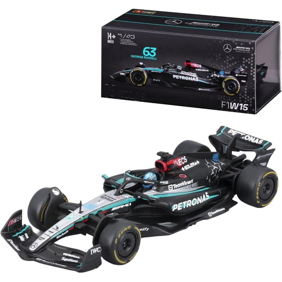 Bburago 2024 Formula Race Mercedes W15 Diecast Vehicle with Helmet, 1:43 Scale, Russell #63