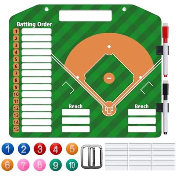 1+44PCS Baseball Coaching Board for Dugout, Dry Erase Lineup Board Softball Clipboard for Coach/ 30 Name Strip/ 10 Number Blocks/ 2 Marker/ 2 Buckle