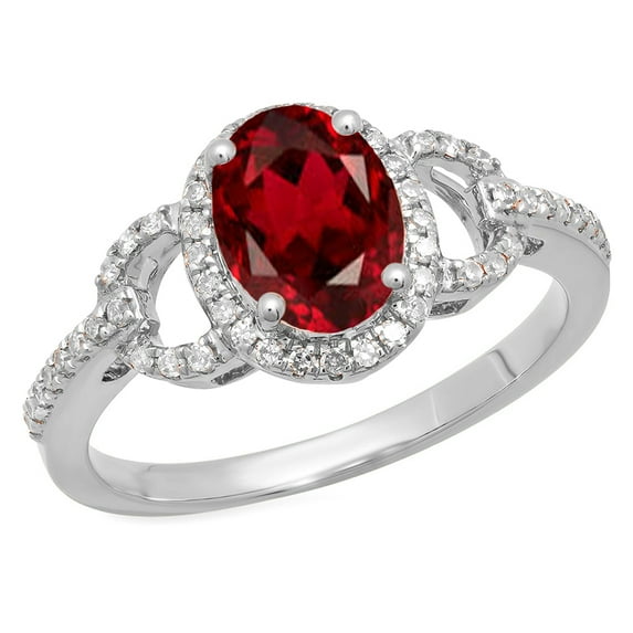 1.45 Carat (ctw) 18K White Gold Oval Cut Garnet & Round Cut White Diamond Ladies Bridal Halo Style Engagement Ring 1 1/2