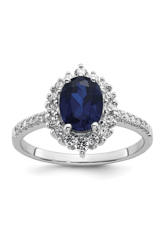 1.45 Ct Oval Blue Lab Created Sapphire and Cubic Zirconia Prong Silver Halo Statement Pave Bridge Ring