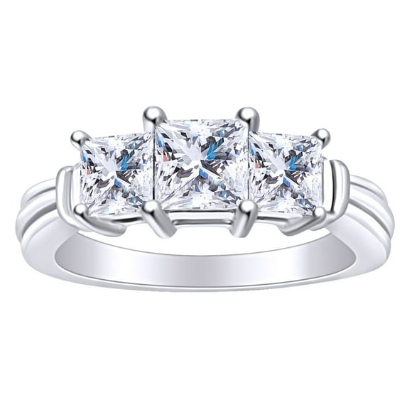 AFFY (1.45 Cttw) Princess Cut White Natural Diamond Three Stone Solitaire Engagement Ring In 14k Solid White Gold Ring Size-8