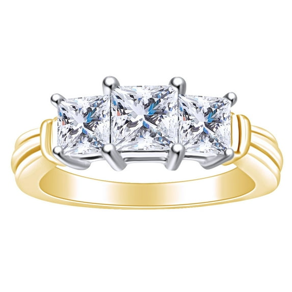 AFFY (1.45 Cttw) Princess Cut White Natural Diamond Three Stone Solitaire Engagement Ring In 14k Solid Yellow Gold Ring Size-8