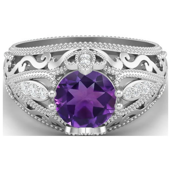 1.45 Ctw Round Amethyst Antique Filigree Design 925 Sterling Silver Women Valentines Day Gifts Ring