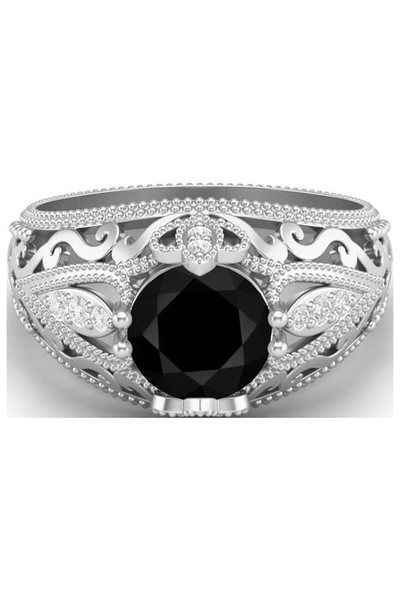 1.45 Ctw Round Black Spinel Antique Filigree Design 925 Sterling Silver Women Valentines Day Gifts Ring