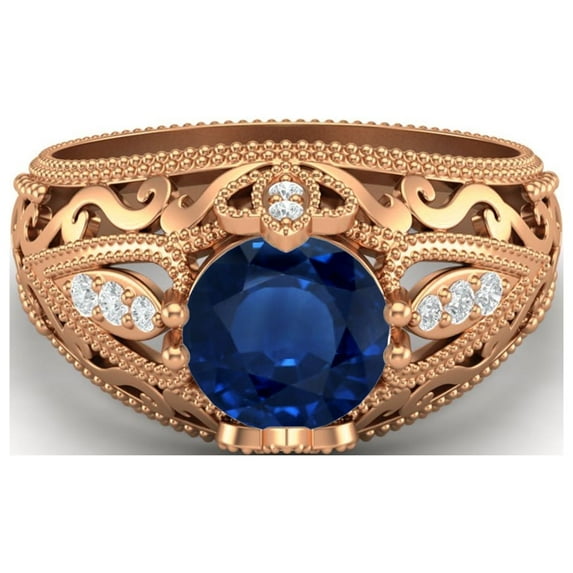 1.45 Ctw Round Blue Sapphire Antique Filigree Design 925 Sterling Silver Rose Vermeil Women Valentines Day Gifts Ring