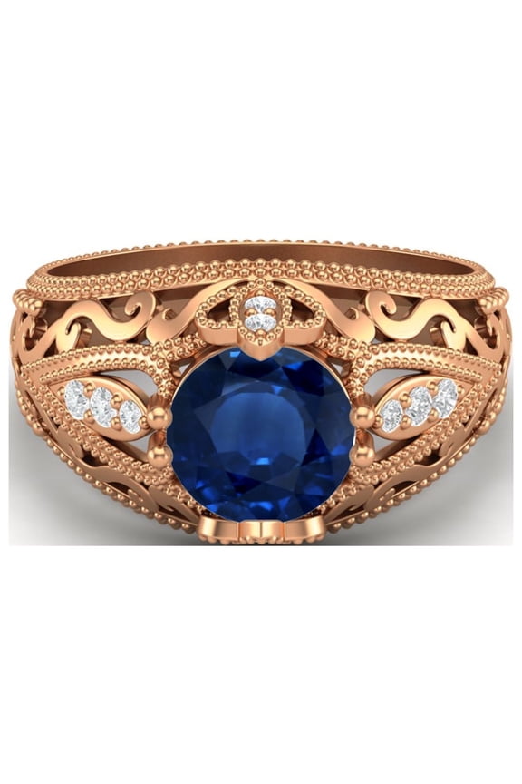 1.45 Ctw Round Blue Sapphire Antique Filigree Design 925 Sterling Silver Rose Vermeil Women Valentines Day Gifts Ring