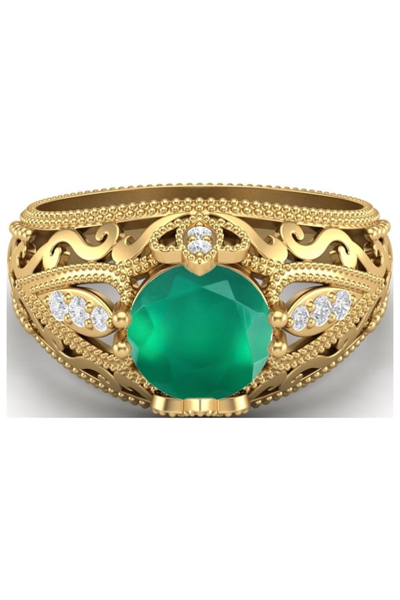 1.45 Ctw Round Green Onyx Antique Filigree Design 925 Sterling Silver Gold Vermeil Women Valentines Day Gifts Ring