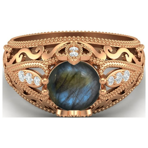 1.45 Ctw Round Labradorite Antique Filigree Design 925 Sterling Silver Rose Vermeil Women Valentines Day Gifts Ring