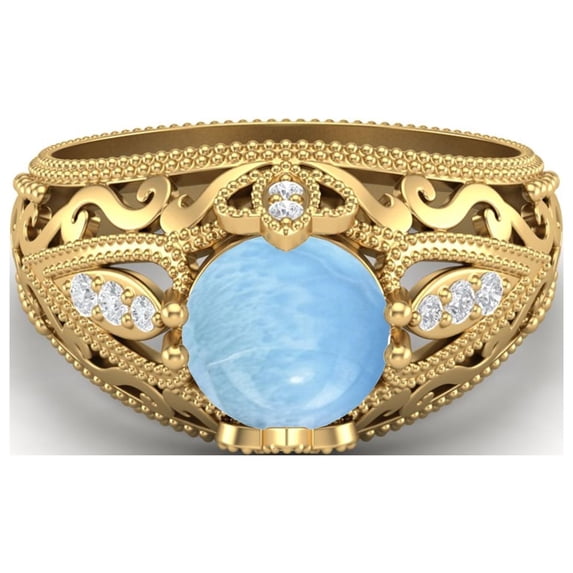 1.45 Ctw Round Larimar Antique Filigree Design 925 Sterling Silver Gold Vermeil Women Mother's Day Gift Ring