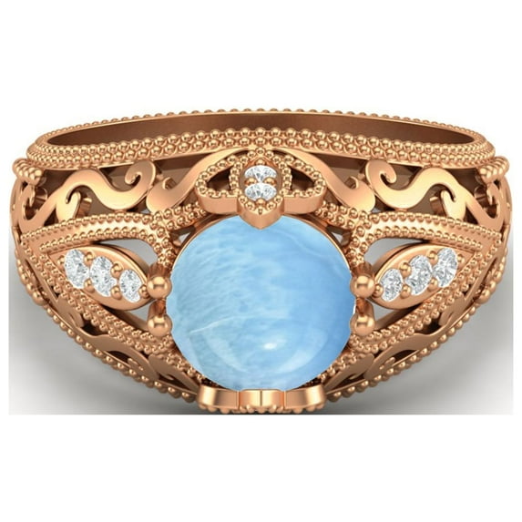 1.45 Ctw Round Larimar Antique Filigree Design 925 Sterling Silver Rose Vermeil Women Valentines Day Gifts Ring