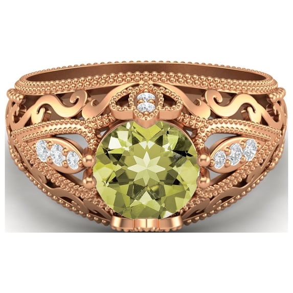 1.45 Ctw Round Lemon Quartz Antique Filigree Design 925 Sterling Silver Rose Vermeil Women Valentines Day Gifts Ring