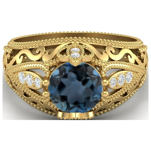 1.45 Ctw Round London Blue Topaz Antique Filigree Design 925 Sterling Silver Gold Vermeil Women Valentines Day Gifts Ring