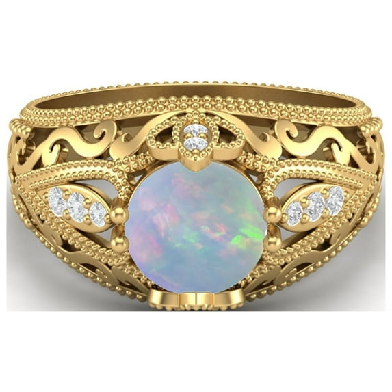 1.45 Ctw Round Opal Antique Filigree Design 925 Sterling Silver Gold Vermeil Women Mother's Day Gift Ring