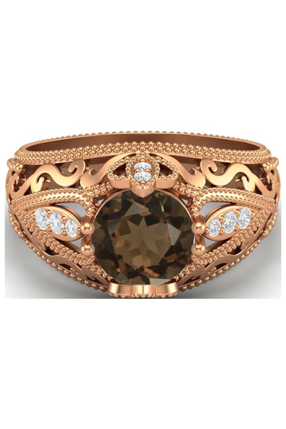 1.45 Ctw Round Smoky Quartz Antique Filigree Design 925 Sterling Silver Rose Vermeil Women Valentines Day Gifts Ring