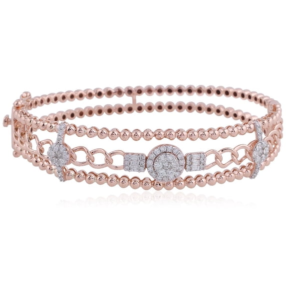 1.45 TCW Solid 18 Kt Rose Gold SI Clarity HI Color Diamond Bubble Band & Linked Chain Bangle/Bracelet
