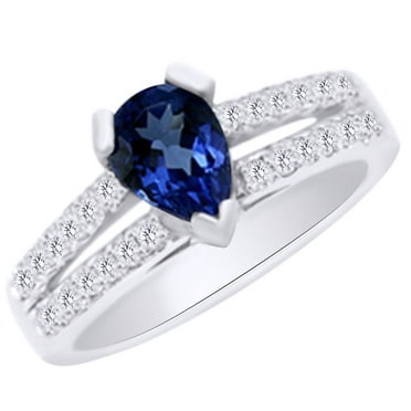 AFFY (1.45 cttw) Simulated Blue Tanzanite & White Natural Diamond Split Shank Engagement Ring In 14k White Gold With Ring Size -4