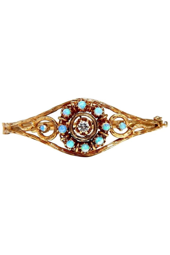 1.45ct Natural Australian Opal Diamonds Cluster Bangle Bracelet 14kt