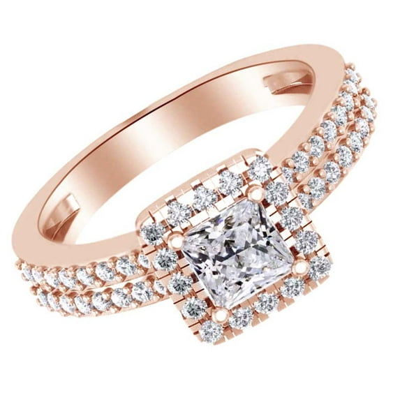 AFFY 1.46 Ct Princess Cut White Natural Diamond Dual Band Engagement Ring in 14k Rose Gold Ring Size - 12