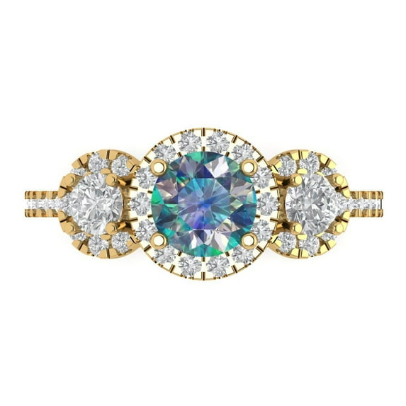 1.46 ct Round Cut Blue Moissanite 3 Stone 18K Yellow Gold Womens Engagement Ring