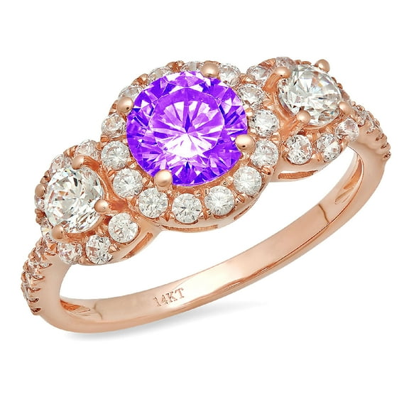 1.46 ct Round Cut Natural Amethyst 3 Stone 14K Rose Gold Womens Engagement Ring