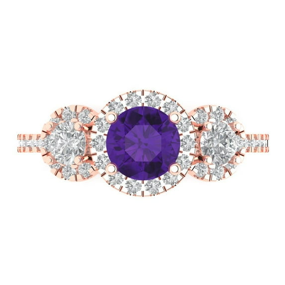 Clara Pucci 14K Rose Gold Solid Gold Amethyst Three-Stone Anniversary Ring for Women - 1.46 cttw Round Cut