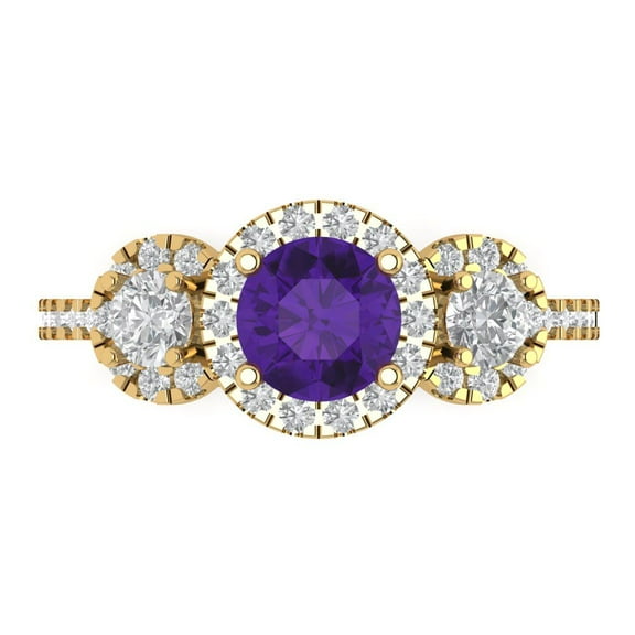 1.46 ct Round Cut Natural Amethyst Three-Stone Engagement Ring for Women in 18K Yellow Gold