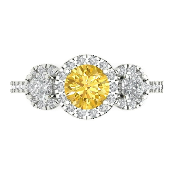 Clara Pucci 14K White Gold Solid Gold Citrine Three-Stone Anniversary Ring for Women - 1.46 cttw Round Cut