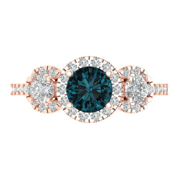 1.46 ct Round Cut Natural London Blue Topaz 3 Stone 14K Rose Gold Womens Engagement Ring