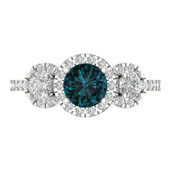 1.46 ct Round Cut Natural London Blue Topaz 3 Stone 18K White Gold Womens Engagement Ring