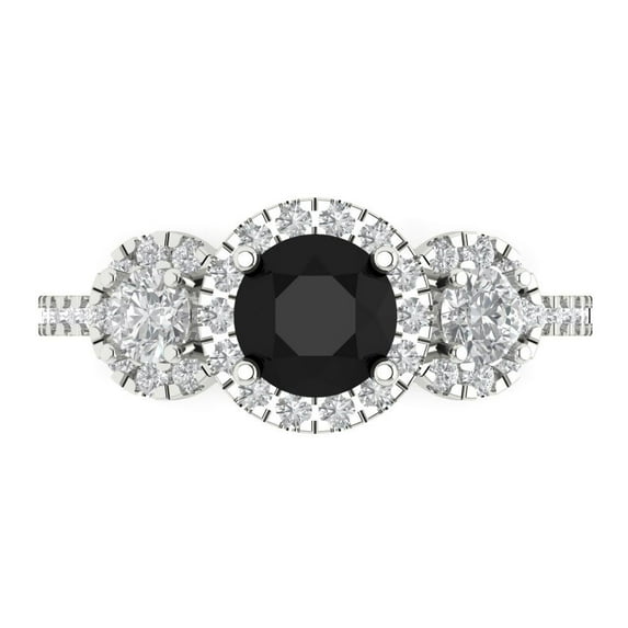 Clara Pucci 14K White Gold Solid Gold Onyx Three-Stone Anniversary Ring for Women - 1.46 cttw Round Cut