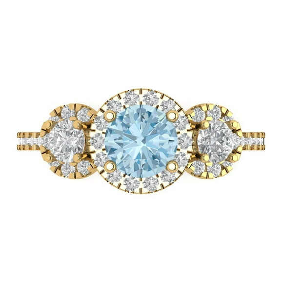 1.46 ct Round Cut Simulated Blue Diamond Three-Stone Engagement Ring for Women in 14K Yellow Gold