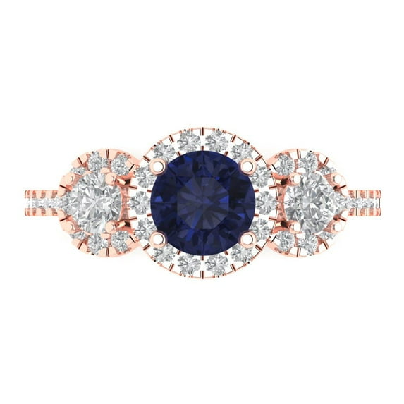 1.46 ctw 3 Stone Anniversary Ring for Women | Round Cut Simulated Blue Sapphire | Hyperallergenic Solid 18K Rose Gold