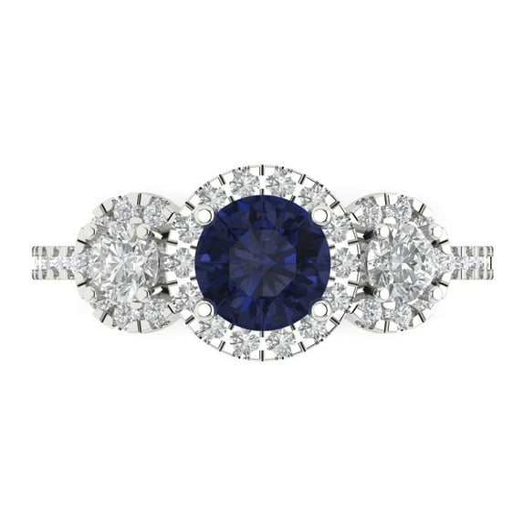 1.46 ctw 3 Stone Anniversary Ring for Women | Round Cut Simulated Blue Sapphire | Hyperallergenic Solid 18K White Gold