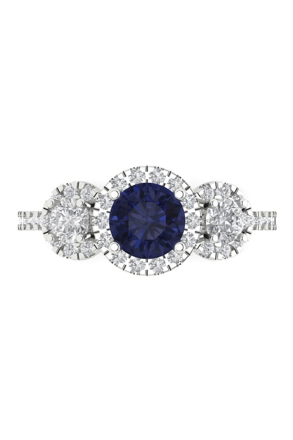 1.46 ct Round Cut Simulated Blue Sapphire Three-Stone Engagement Ring for Women in 14K White Gold