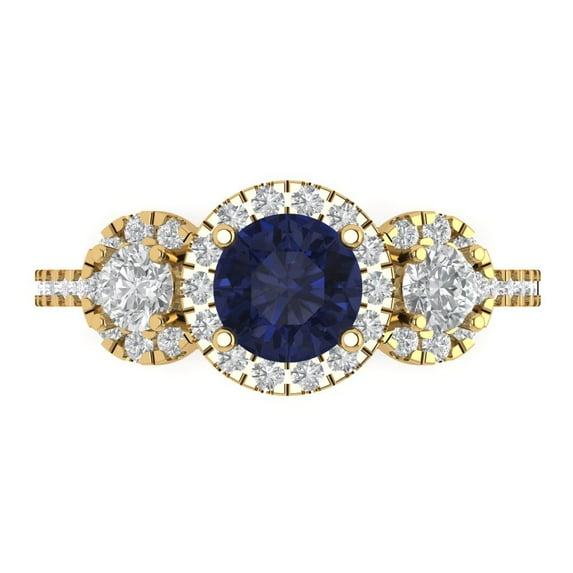 1.46 ct Round Cut Simulated Blue Sapphire Three-Stone Engagement Ring for Women in 18K Yellow Gold