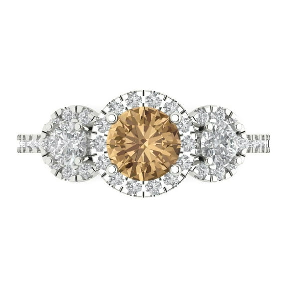 Clara Pucci 14K White Gold Solid Gold Champagne Three-Stone Anniversary Ring for Women - 1.46 cttw Round Cut