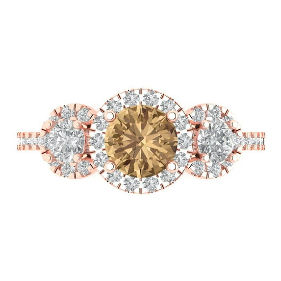 1.46 ct Round Cut Simulated Champagne Diamond Three-Stone Engagement Ring for Women in 18K Rose Gold