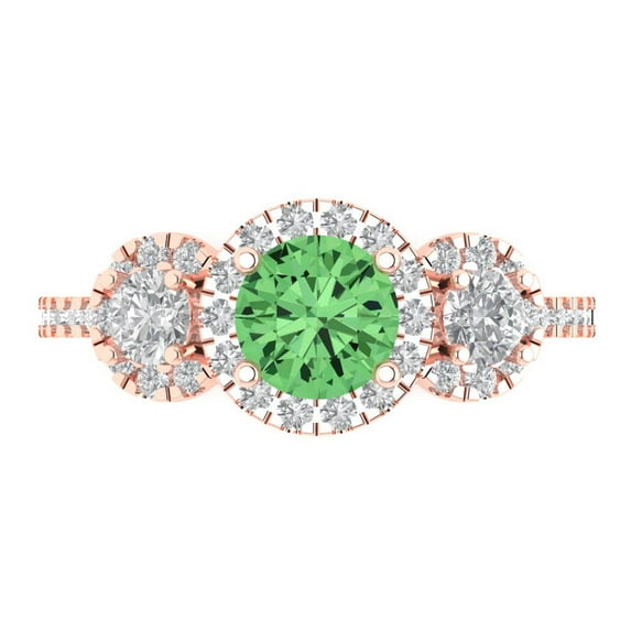 Clara Pucci 14K Rose Gold Solid Gold Green Three-Stone Anniversary Ring for Women - 1.46 cttw Round Cut