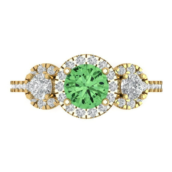 Clara Pucci 14K Yellow Gold Solid Gold Green Three-Stone Anniversary Ring for Women - 1.46 cttw Round Cut