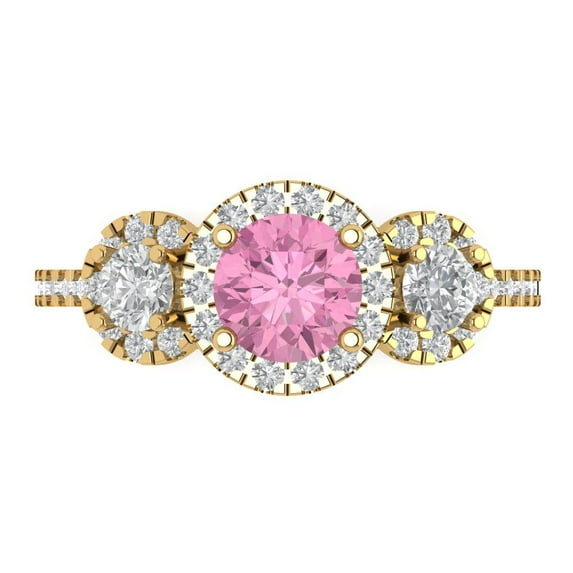 1.46 ct Round Cut Simulated Pink Diamond Three-Stone Engagement Ring for Women in 18K Yellow Gold