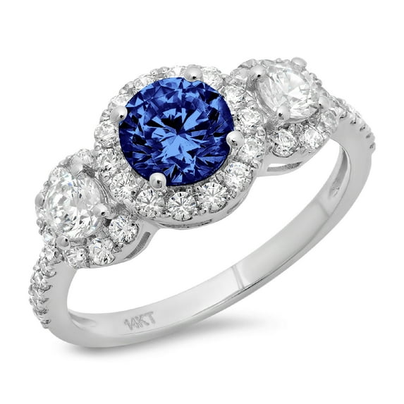 1.46 ct Round Cut Simulated Tanzanite 3 Stone 18K White Gold Womens Engagement Ring